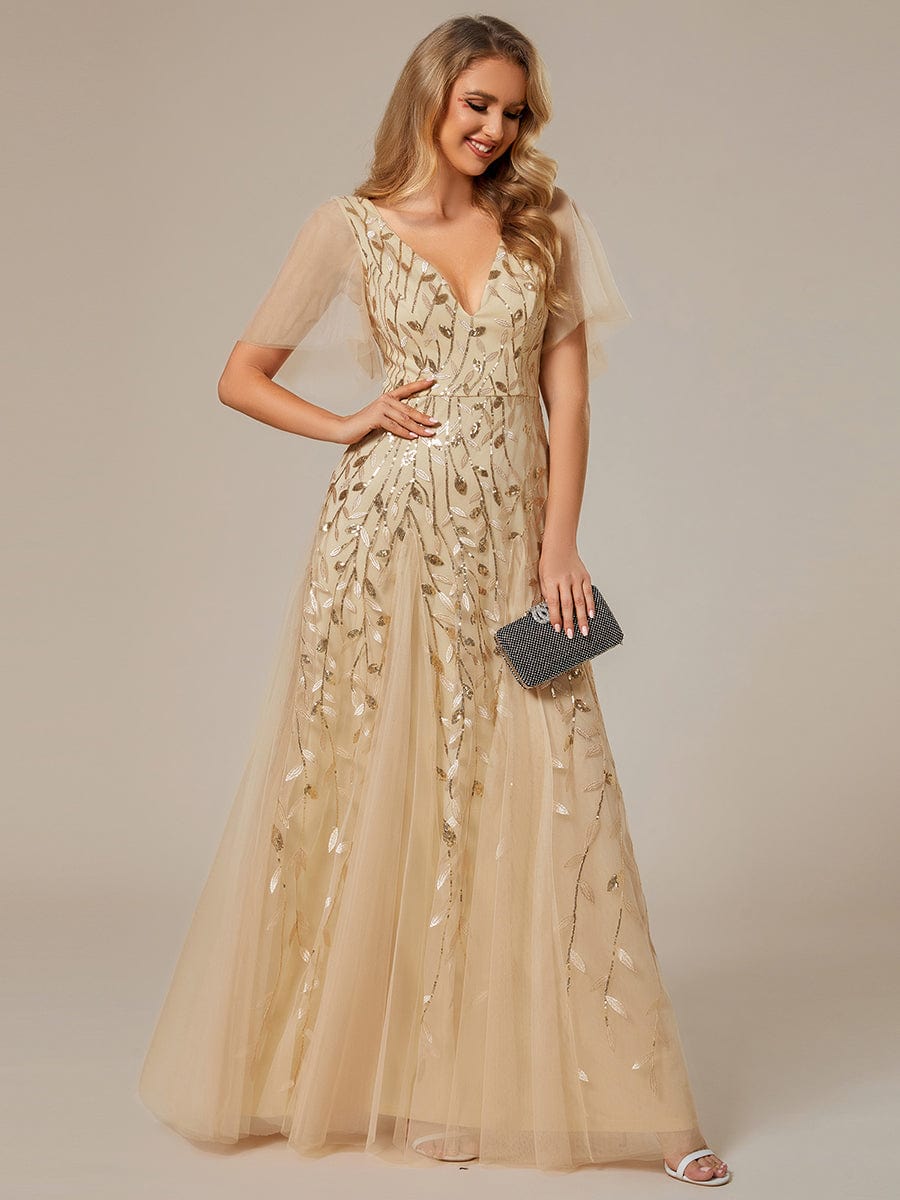 Stunning V Neck Long Wedding Guest Dress with Ruffle Sleeves #color_Gold