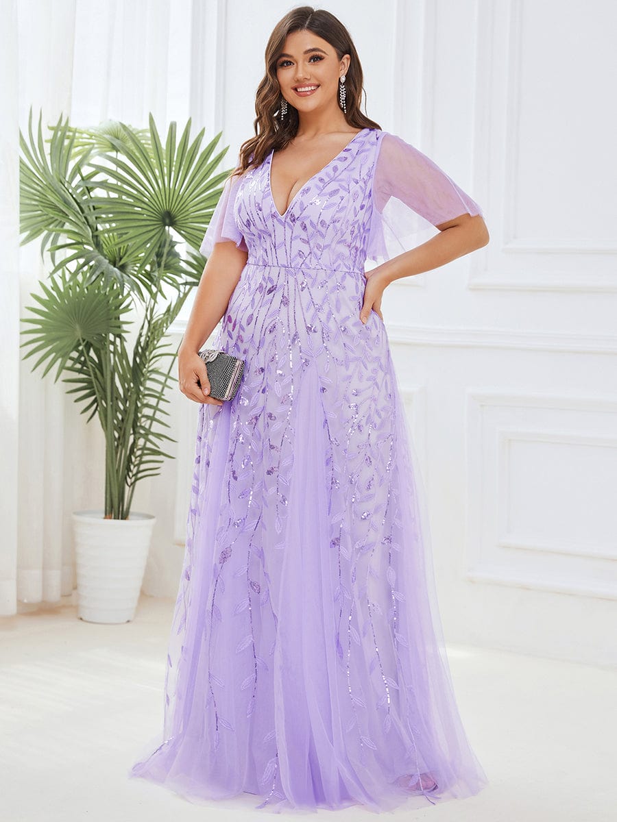 Plus Size romantic shimmery v neck ruffle sleeves evening gown #color_Lavender