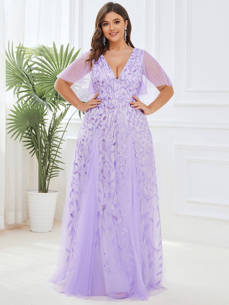 Plus Size romantic shimmery v neck ruffle sleeves evening gown #color_Lavender