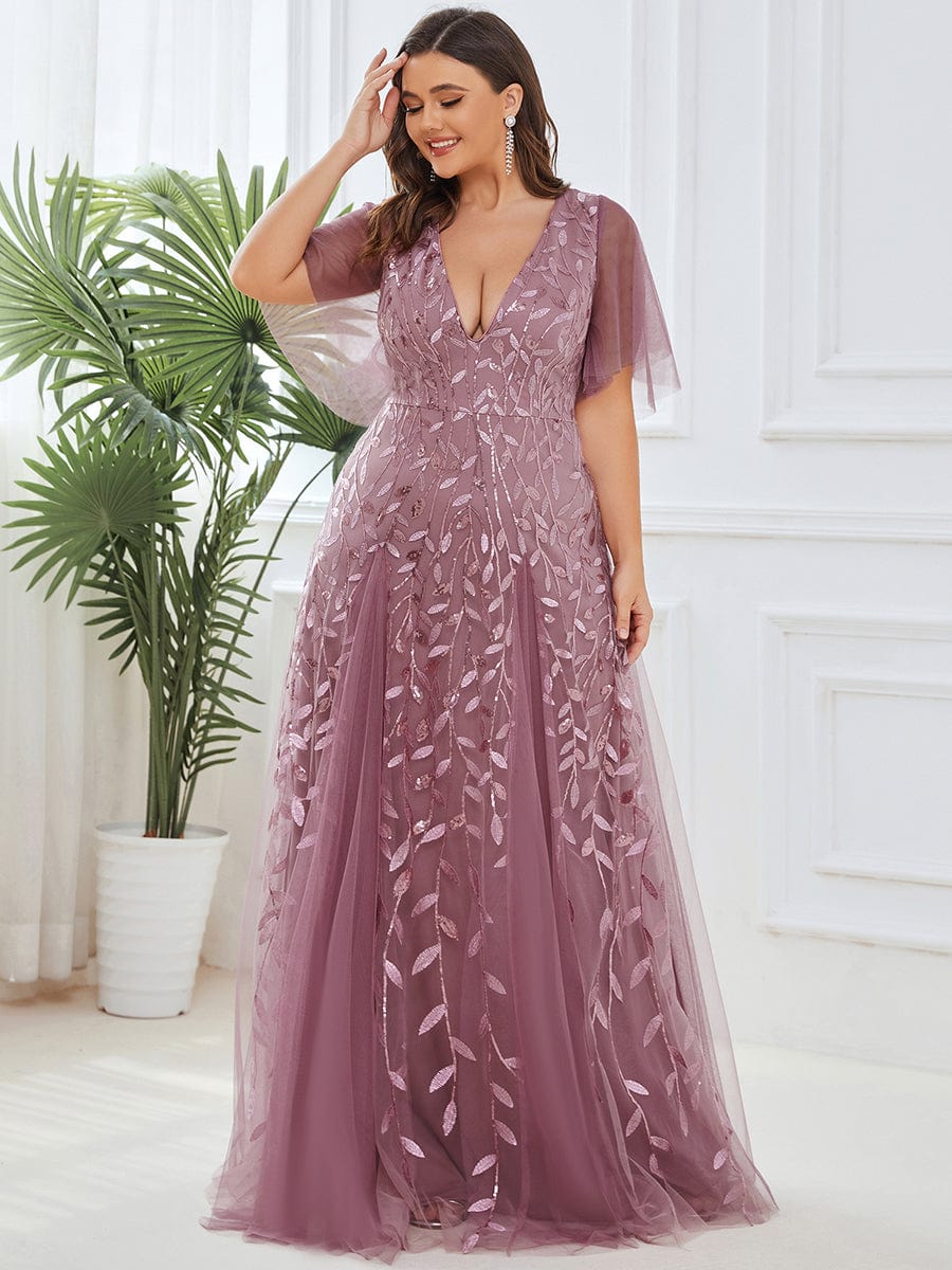 Plus Size romantic shimmery v neck ruffle sleeves evening gown #color_Purple Orchid