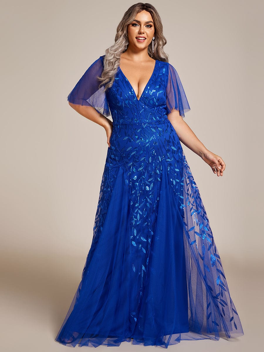 Plus Size romantic shimmery v neck ruffle sleeves evening gown #color_Sapphire Blue