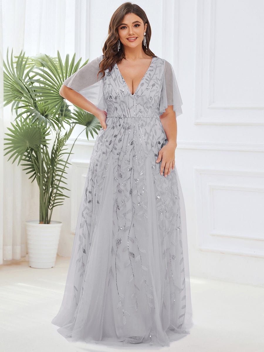 Plus Size romantic shimmery v neck ruffle sleeves evening gown #color_Silver