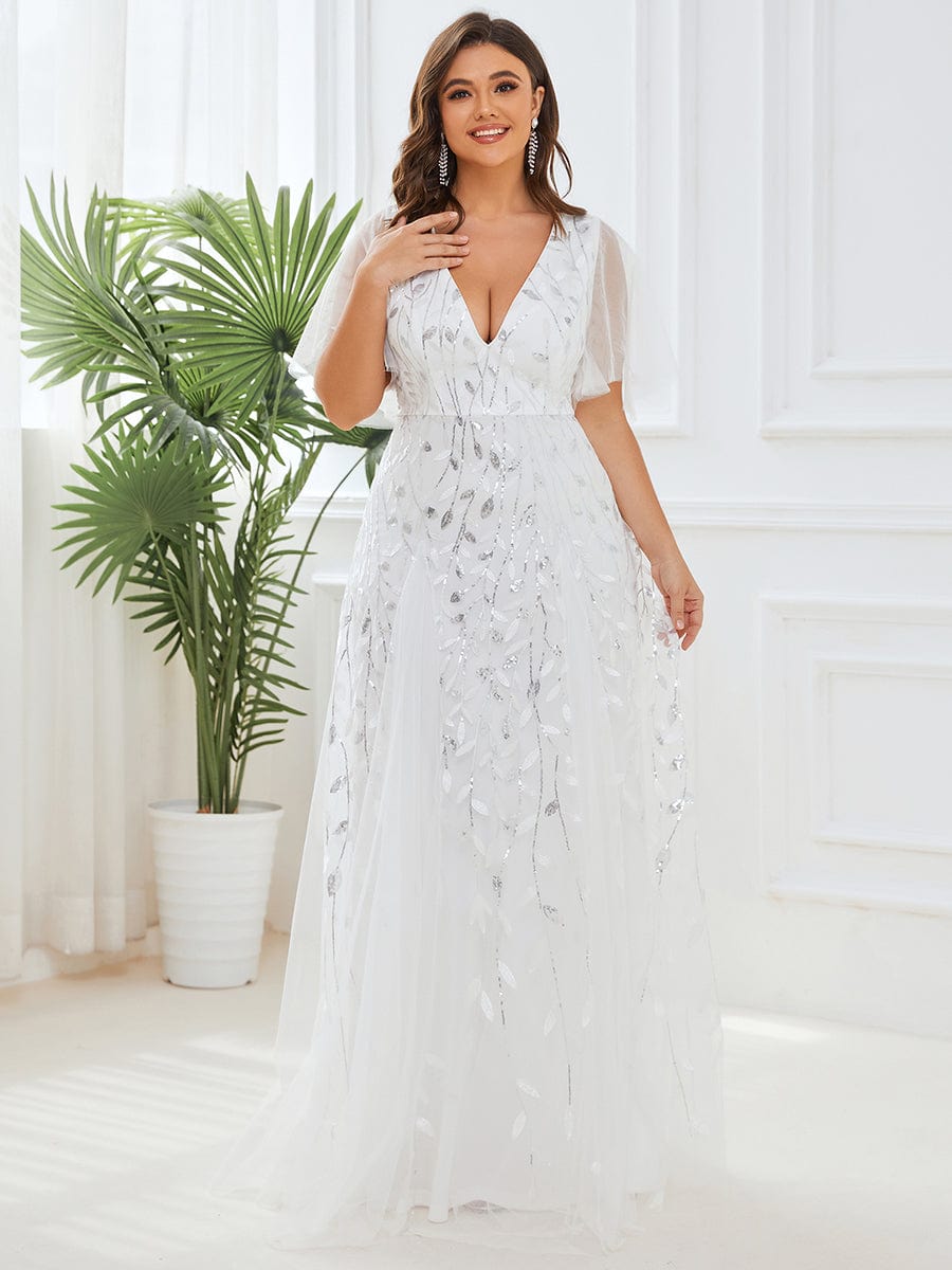 Stunning V Neck Long Wedding Guest Dress with Ruffle Sleeves #color_White