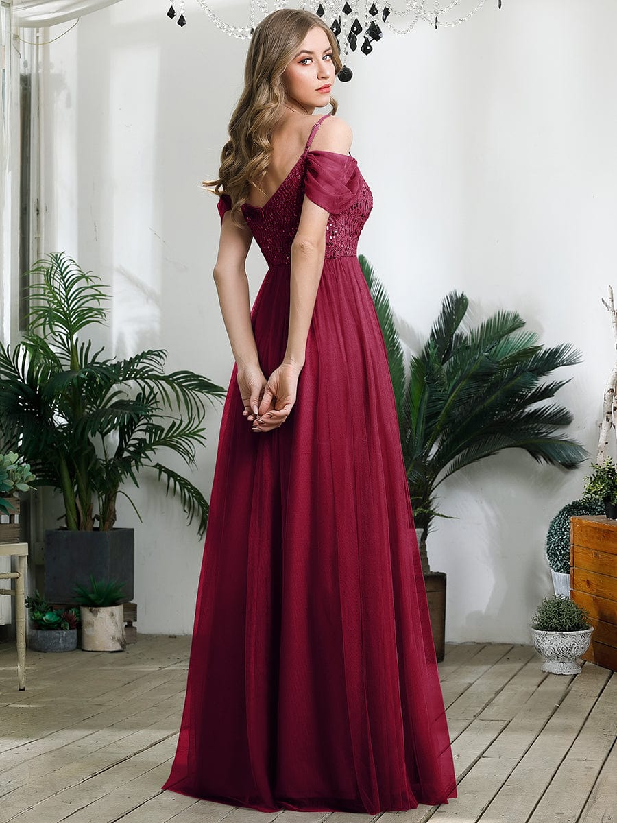 A-Line Sweetheart Neckline Ruffle Sleeve Tulle Bridesmaid Dress With Sequin #color_Burgundy