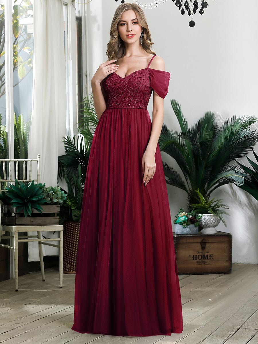 A-Line Sweetheart Neckline Ruffle Sleeve Tulle Bridesmaid Dress With Sequin #color_Burgundy