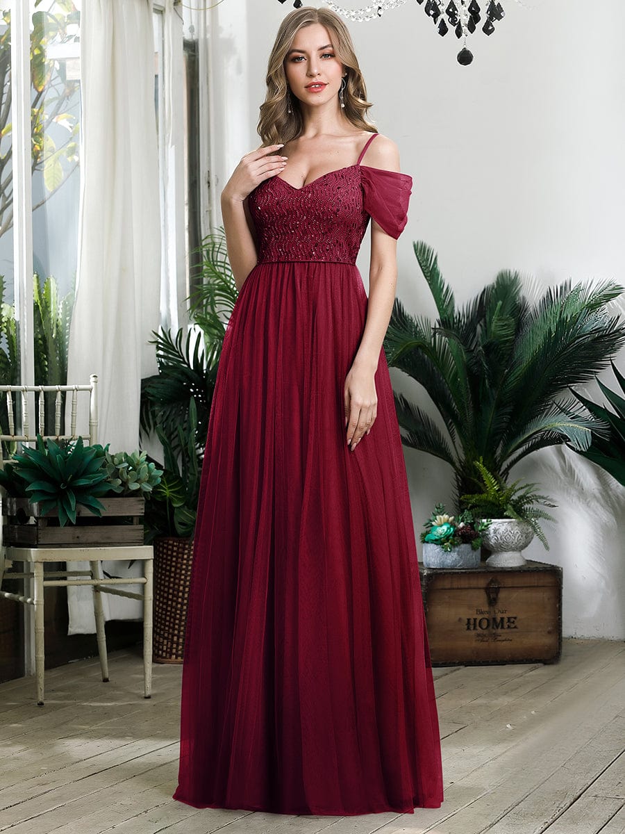 Custom Size Sequin Bodice Cold Shoulder Floor Length Tulle Bridesmaid Dress #color_Burgundy
