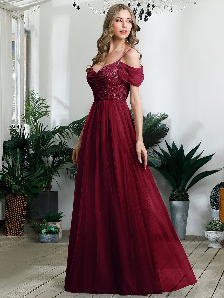 A-Line Sweetheart Neckline Ruffle Sleeve Tulle Bridesmaid Dress With Sequin #color_Burgundy