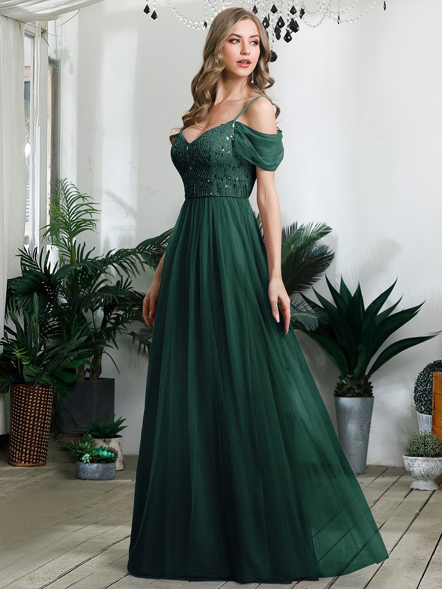 A-Line Sweetheart Neckline Ruffle Sleeve Tulle Bridesmaid Dress With Sequin #color_Dark Green