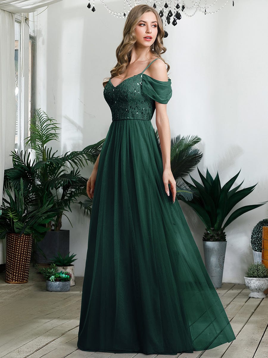 Custom Size Sequin Bodice Cold Shoulder Floor Length Tulle Bridesmaid Dress #color_Dark Green