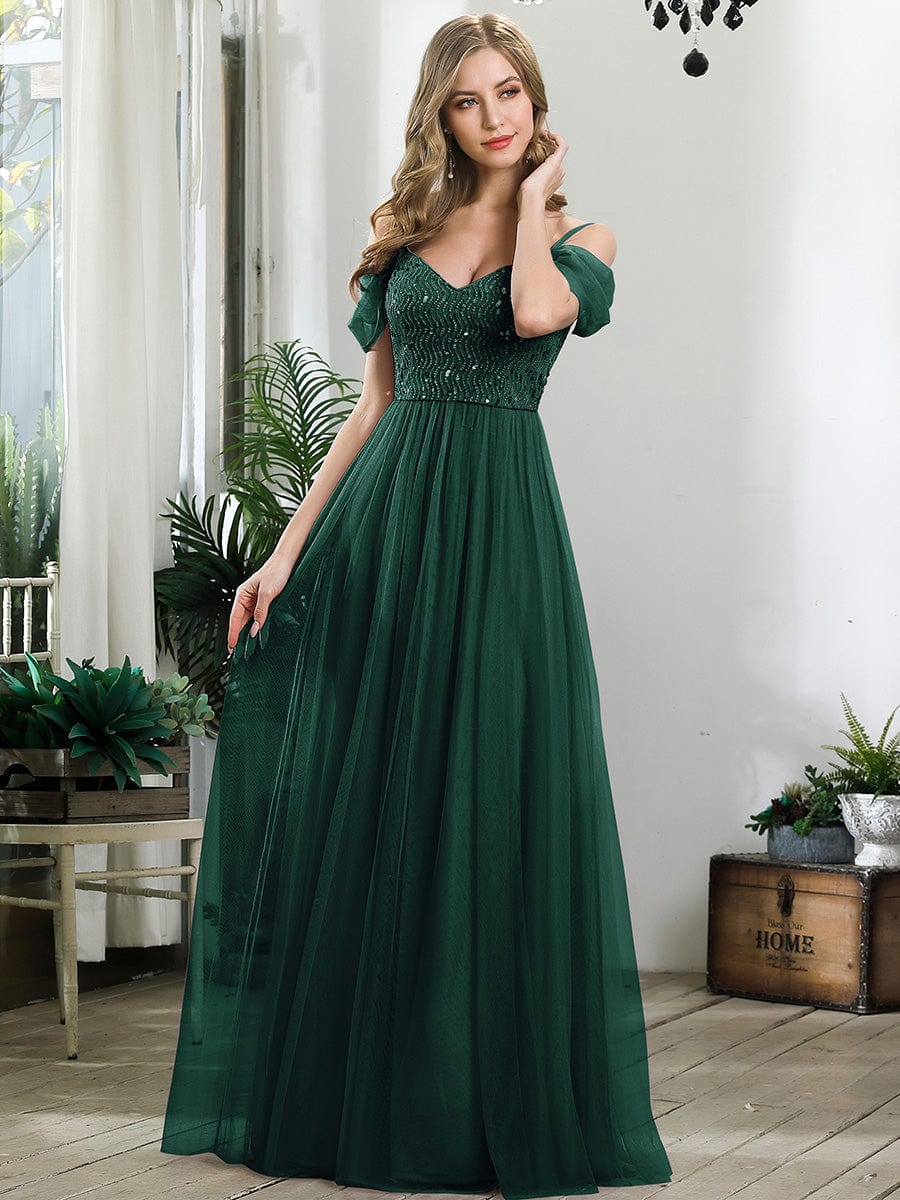 A-Line Sweetheart Neckline Ruffle Sleeve Tulle Bridesmaid Dress With Sequin #color_Dark Green