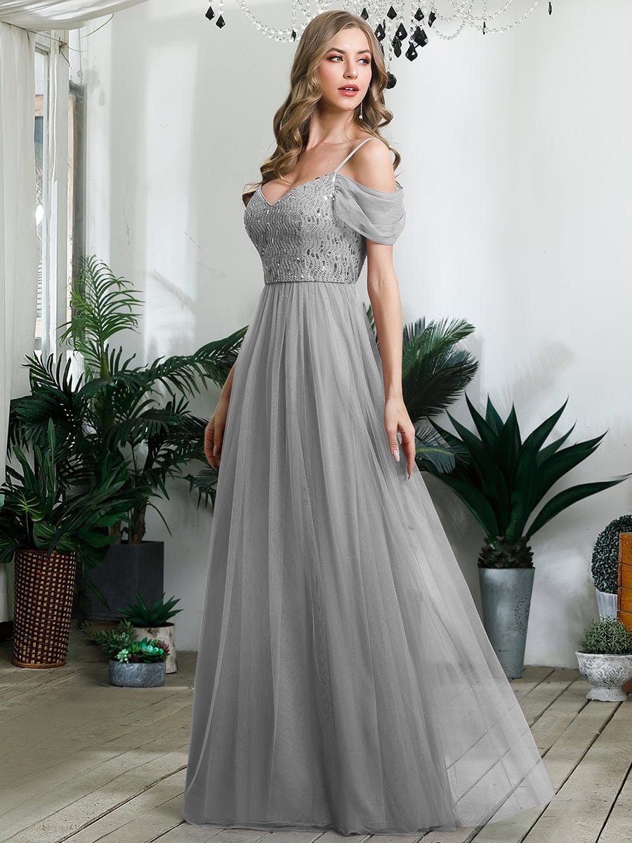 A-Line Sweetheart Neckline Ruffle Sleeve Tulle Bridesmaid Dress With Sequin #color_Grey