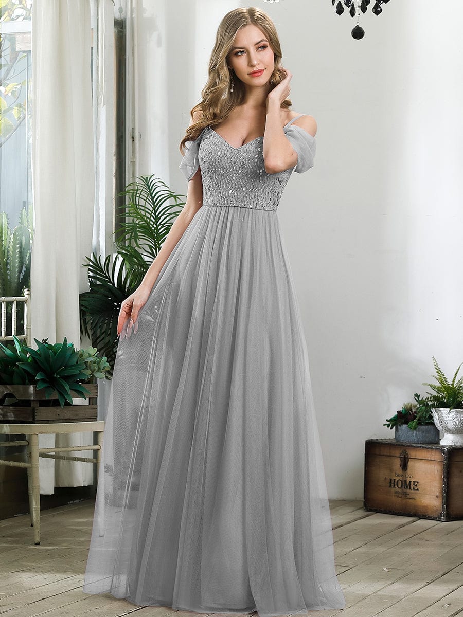 A-Line Sweetheart Neckline Ruffle Sleeve Tulle Bridesmaid Dress With Sequin #color_Grey