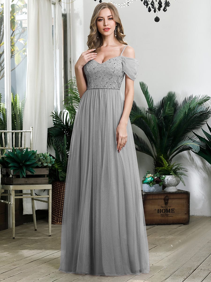 Custom Size Sequin Bodice Cold Shoulder Floor Length Tulle Bridesmaid Dress #color_Grey