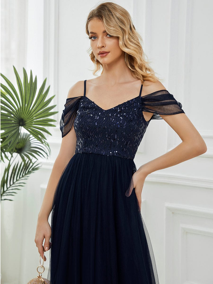 A-Line Sweetheart Neckline Ruffle Sleeve Tulle Bridesmaid Dress With Sequin #color_Navy Blue