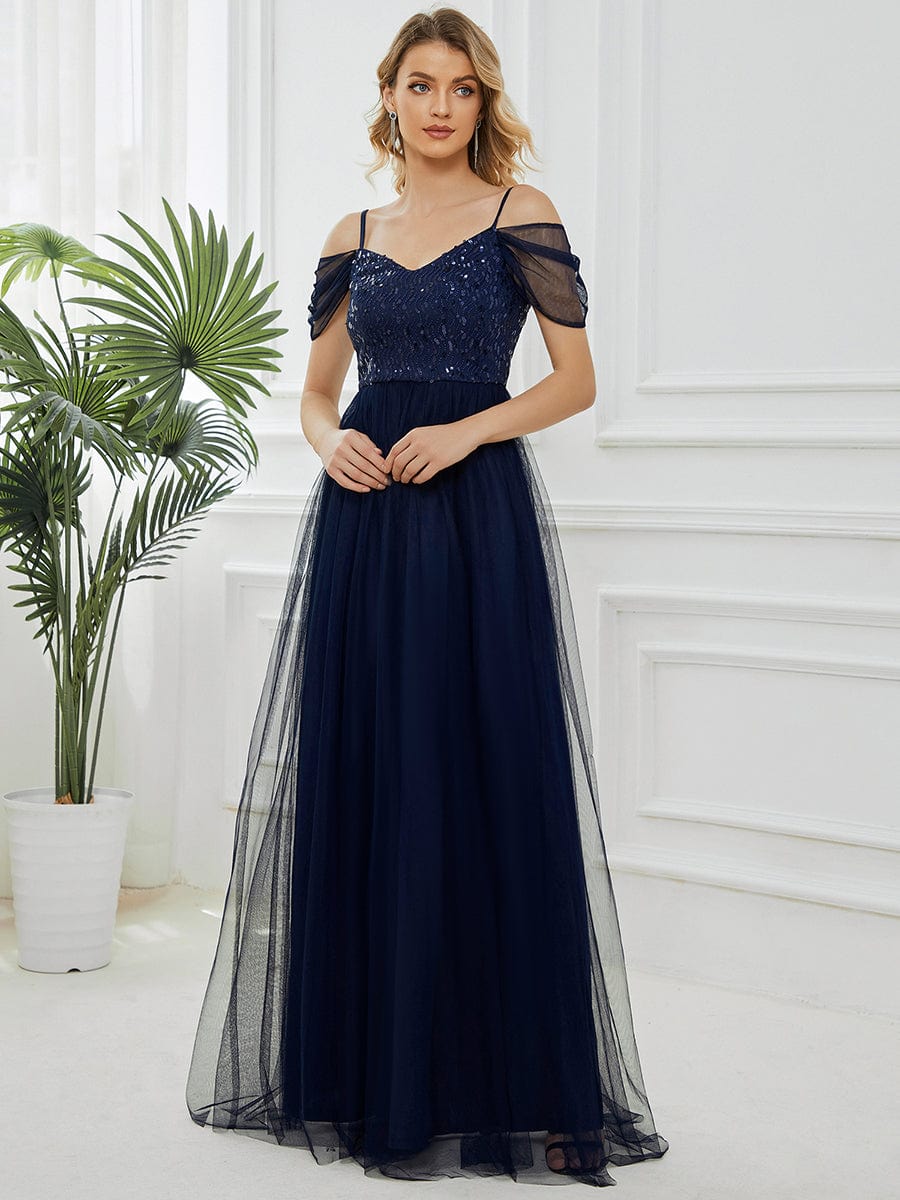 A-Line Sweetheart Neckline Ruffle Sleeve Tulle Bridesmaid Dress With Sequin #color_Navy Blue