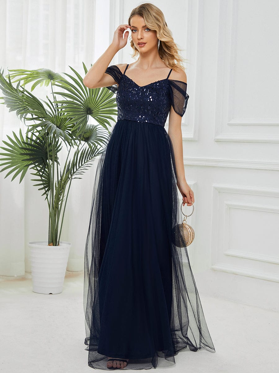 Custom Size Sequin Bodice Cold Shoulder Floor Length Tulle Bridesmaid Dress #color_Navy Blue