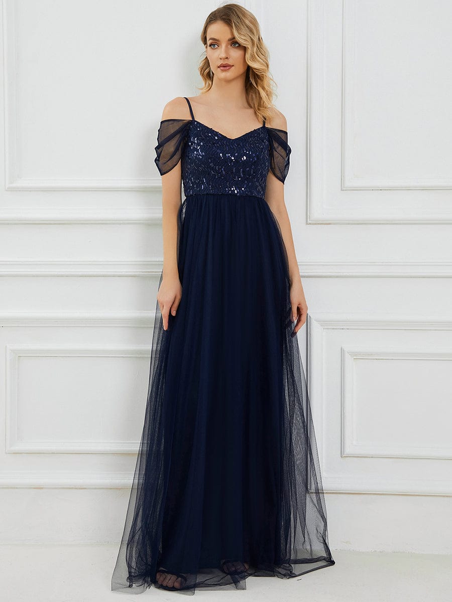 A-Line Sweetheart Neckline Ruffle Sleeve Tulle Bridesmaid Dress With Sequin #color_Navy Blue