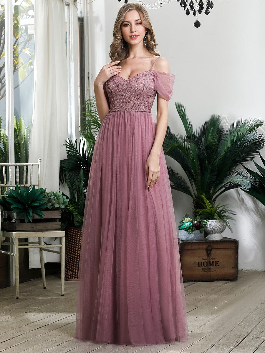 A-Line Sweetheart Neckline Ruffle Sleeve Tulle Bridesmaid Dress With Sequin #color_Purple Orchid