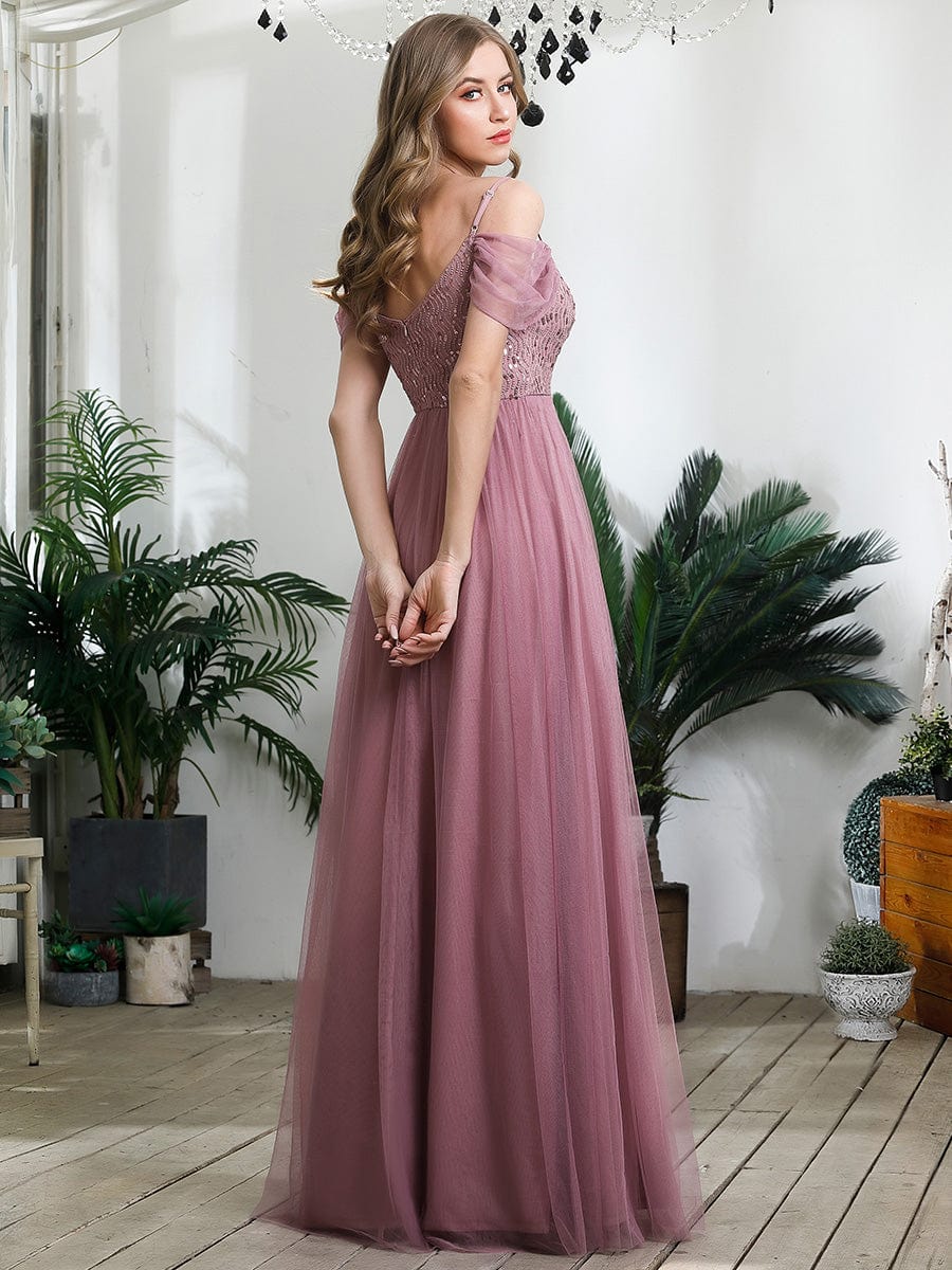 A-Line Sweetheart Neckline Ruffle Sleeve Tulle Bridesmaid Dress With Sequin #color_Purple Orchid