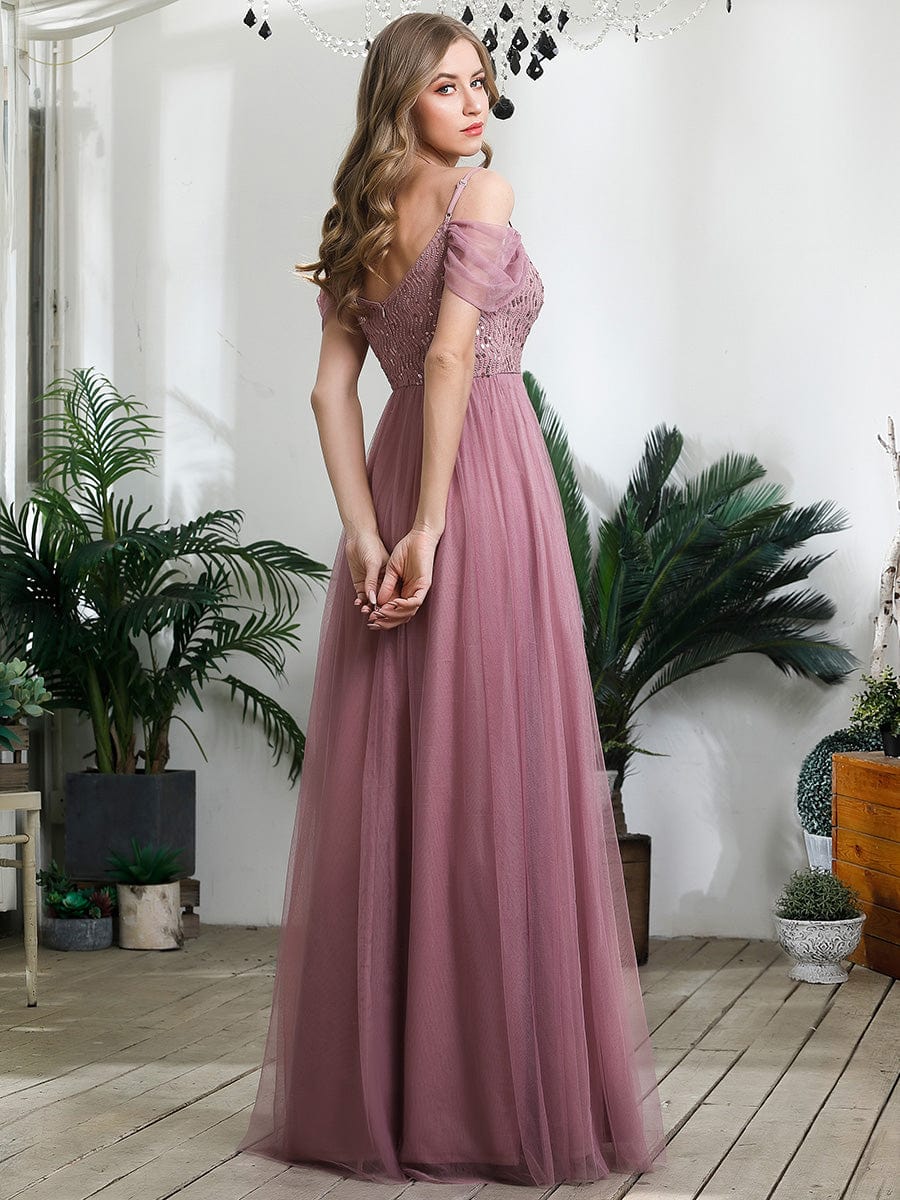 Custom Size Sequin Bodice Cold Shoulder Floor Length Tulle Bridesmaid Dress #color_Purple Orchid