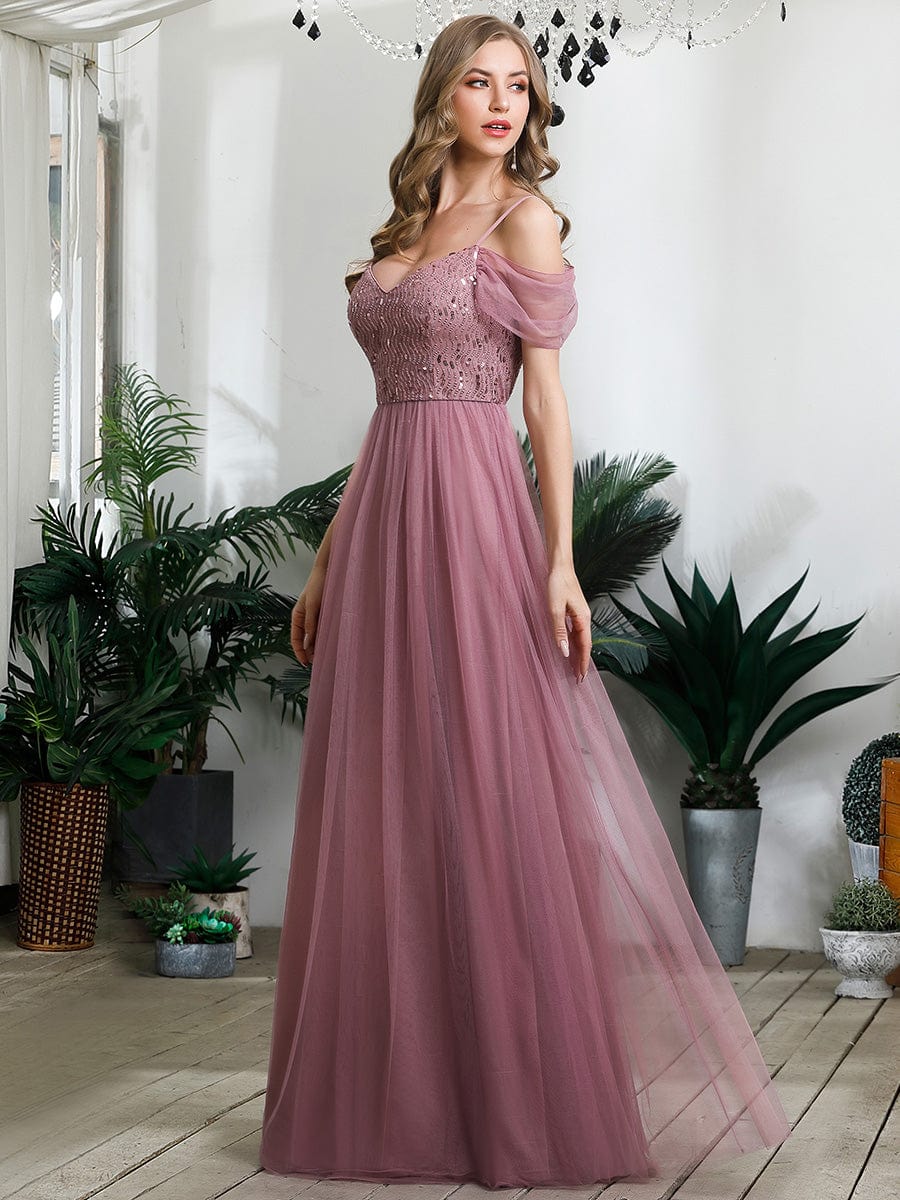Custom Size Sequin Bodice Cold Shoulder Floor Length Tulle Bridesmaid Dress #color_Purple Orchid