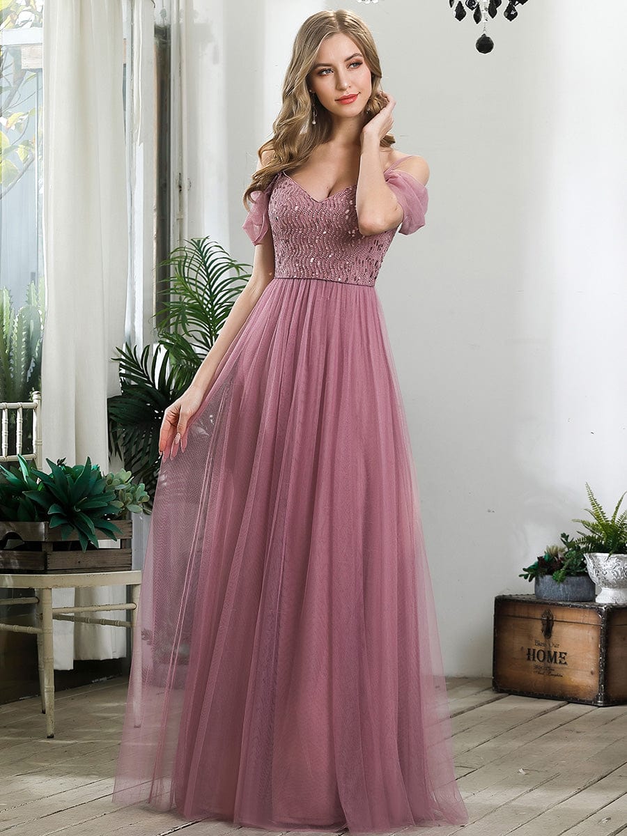 A-Line Sweetheart Neckline Ruffle Sleeve Tulle Bridesmaid Dress With Sequin #color_Purple Orchid