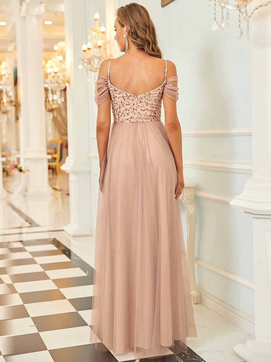 Custom Size Sequin Bodice Cold Shoulder Floor Length Tulle Bridesmaid Dress #color_Rose Gold