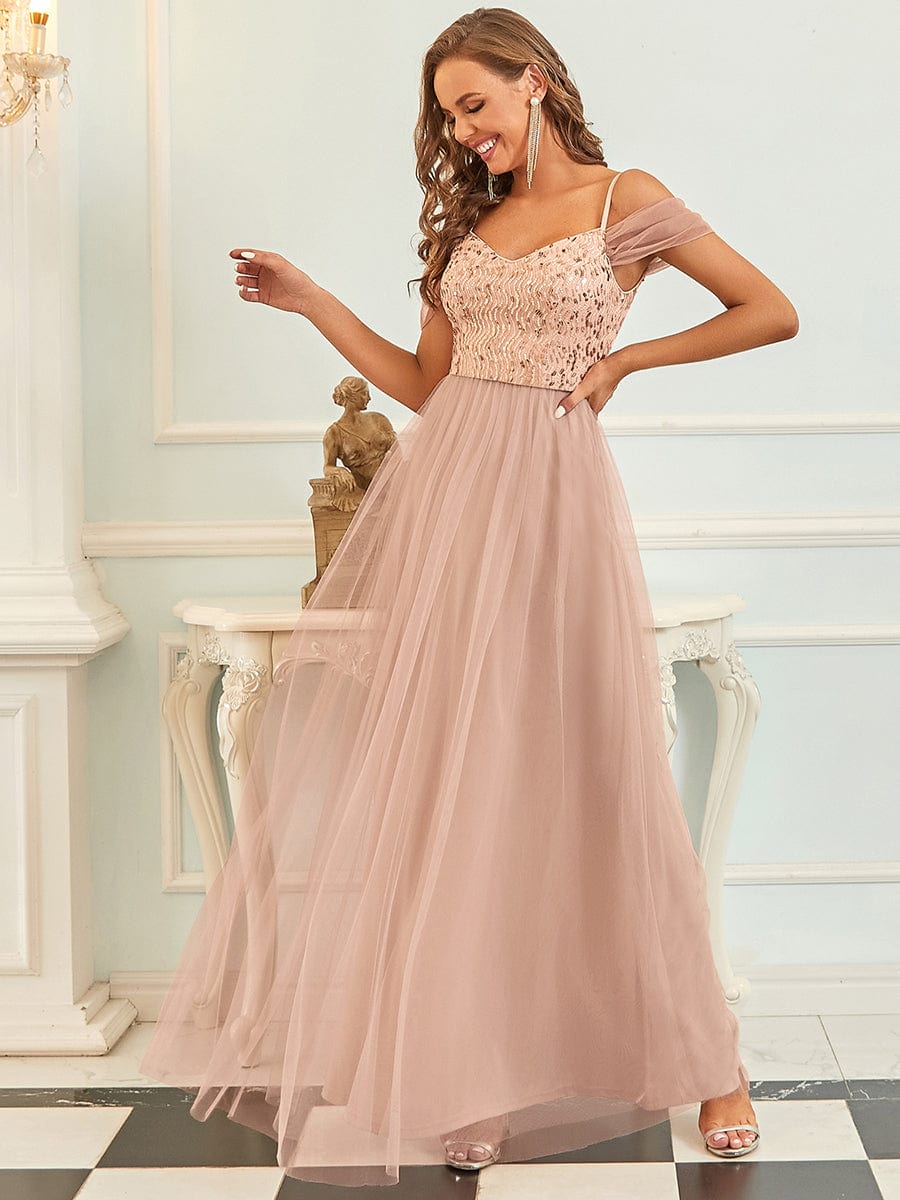 A-Line Sweetheart Neckline Ruffle Sleeve Tulle Bridesmaid Dress With Sequin #color_Rose Gold