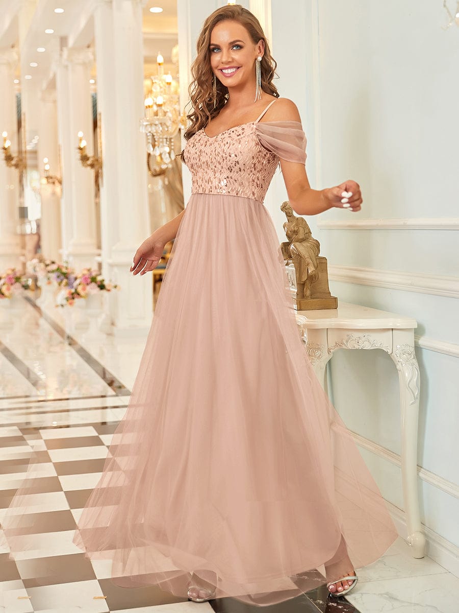 A-Line Sweetheart Neckline Ruffle Sleeve Tulle Bridesmaid Dress With Sequin #color_Rose Gold