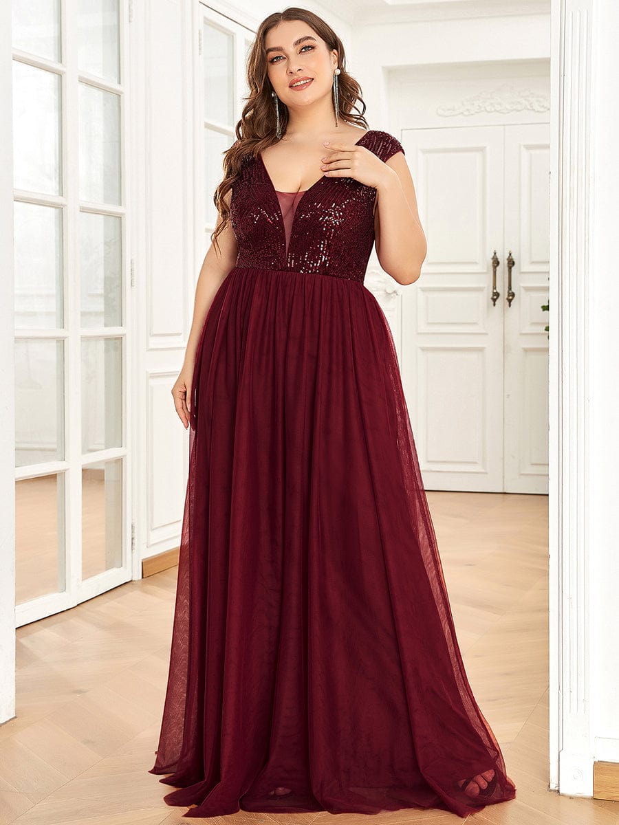 Sleeveless Sequin V-Neck Pleated Long Evening Dress #color_Burgundy