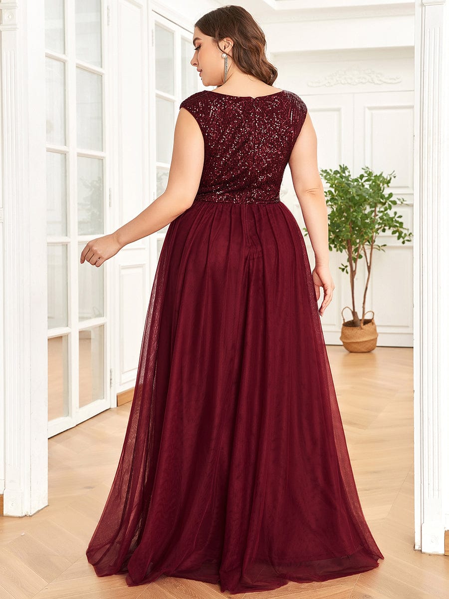 Sleeveless Sequin V-Neck Pleated Long Evening Dress #color_Burgundy