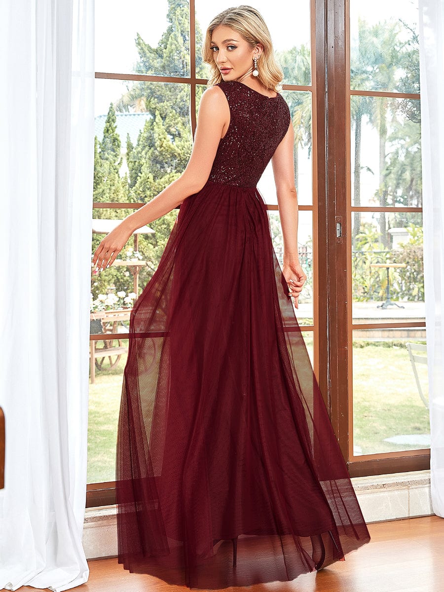 Sleeveless Sequin V-Neck Pleated Long Evening Dress #color_Burgundy