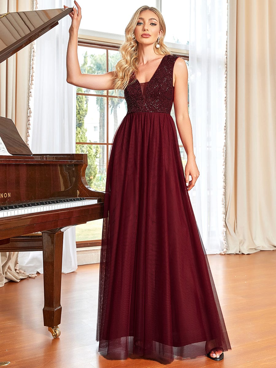 Sleeveless Sequin V-Neck Pleated Long Evening Dress #color_Burgundy