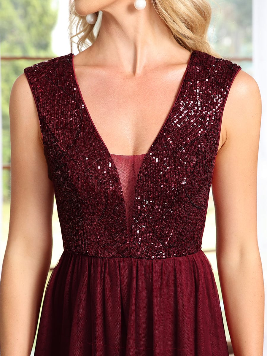 Sleeveless Sequin V-Neck Pleated Long Evening Dress #color_Burgundy