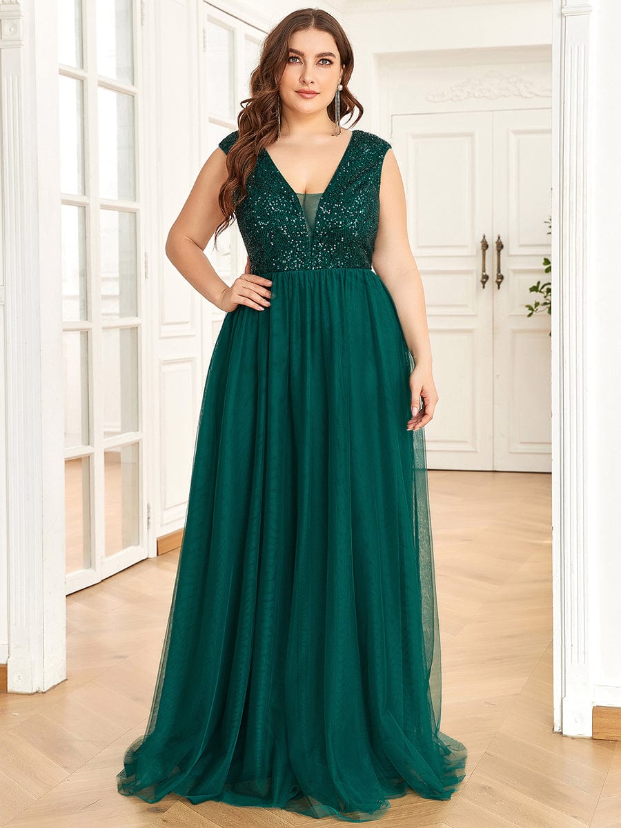 Sleeveless Sequin V-Neck Pleated Long Evening Dress #color_Dark Green