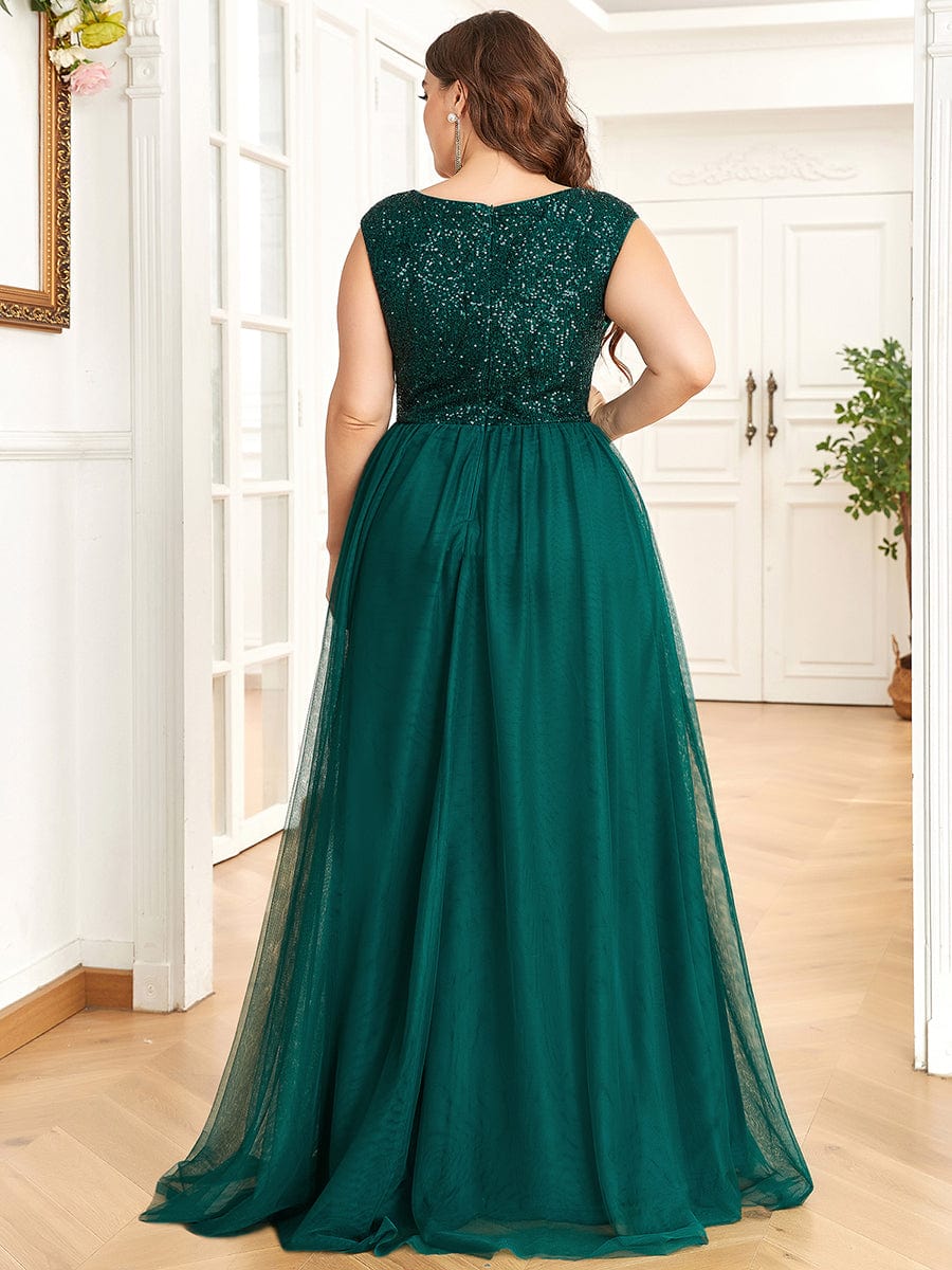 Sleeveless Sequin V-Neck Pleated Long Evening Dress #color_Dark Green