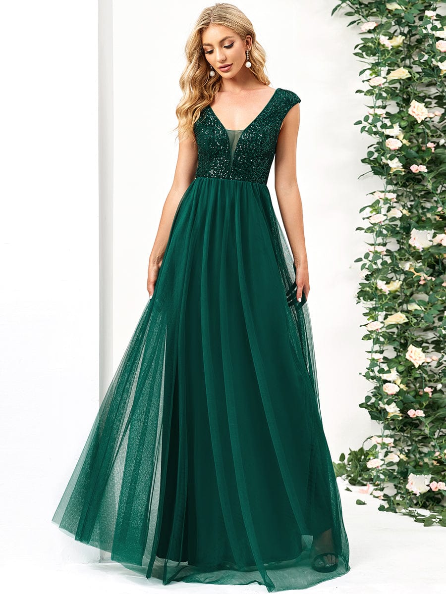 Sleeveless Sequin V-Neck Pleated Long Evening Dress #color_Dark Green