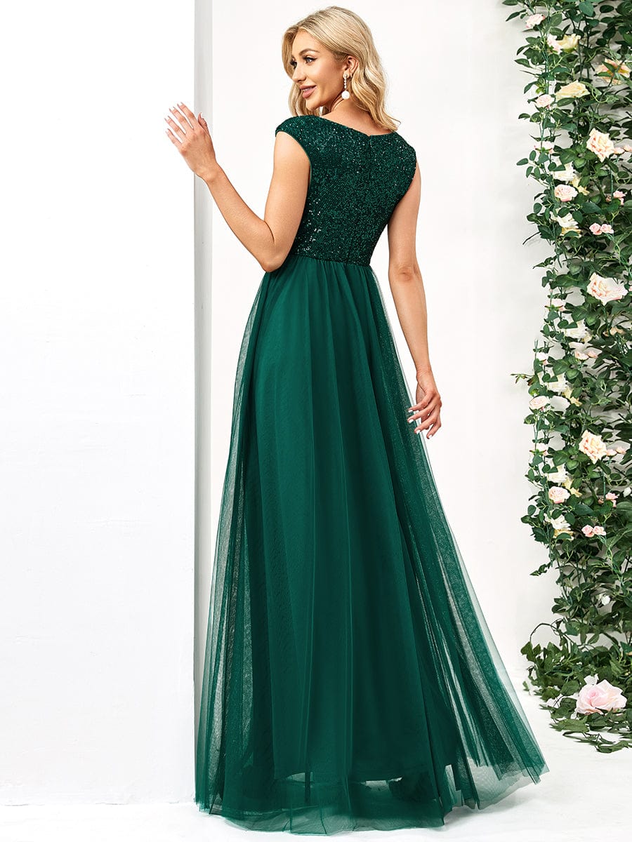 Sleeveless Sequin V-Neck Pleated Long Evening Dress #color_Dark Green