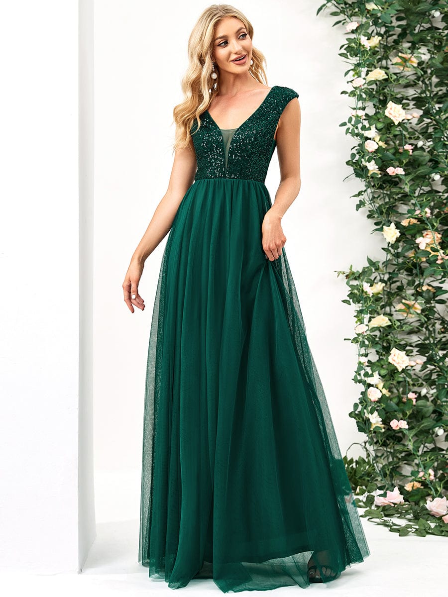 Sleeveless Sequin V-Neck Pleated Long Evening Dress #color_Dark Green