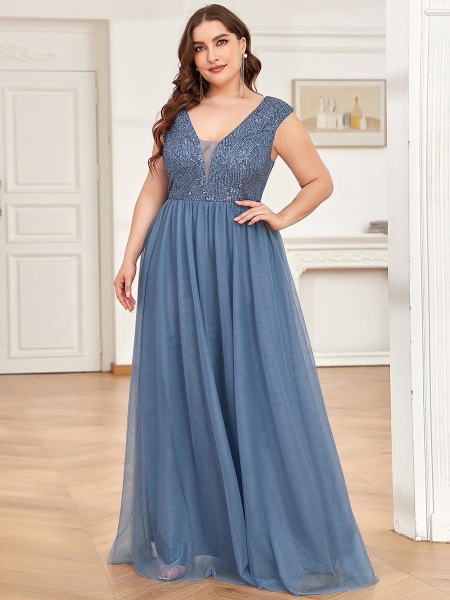 Sleeveless Sequin V-Neck Pleated Long Evening Dress #color_Dusty Blue