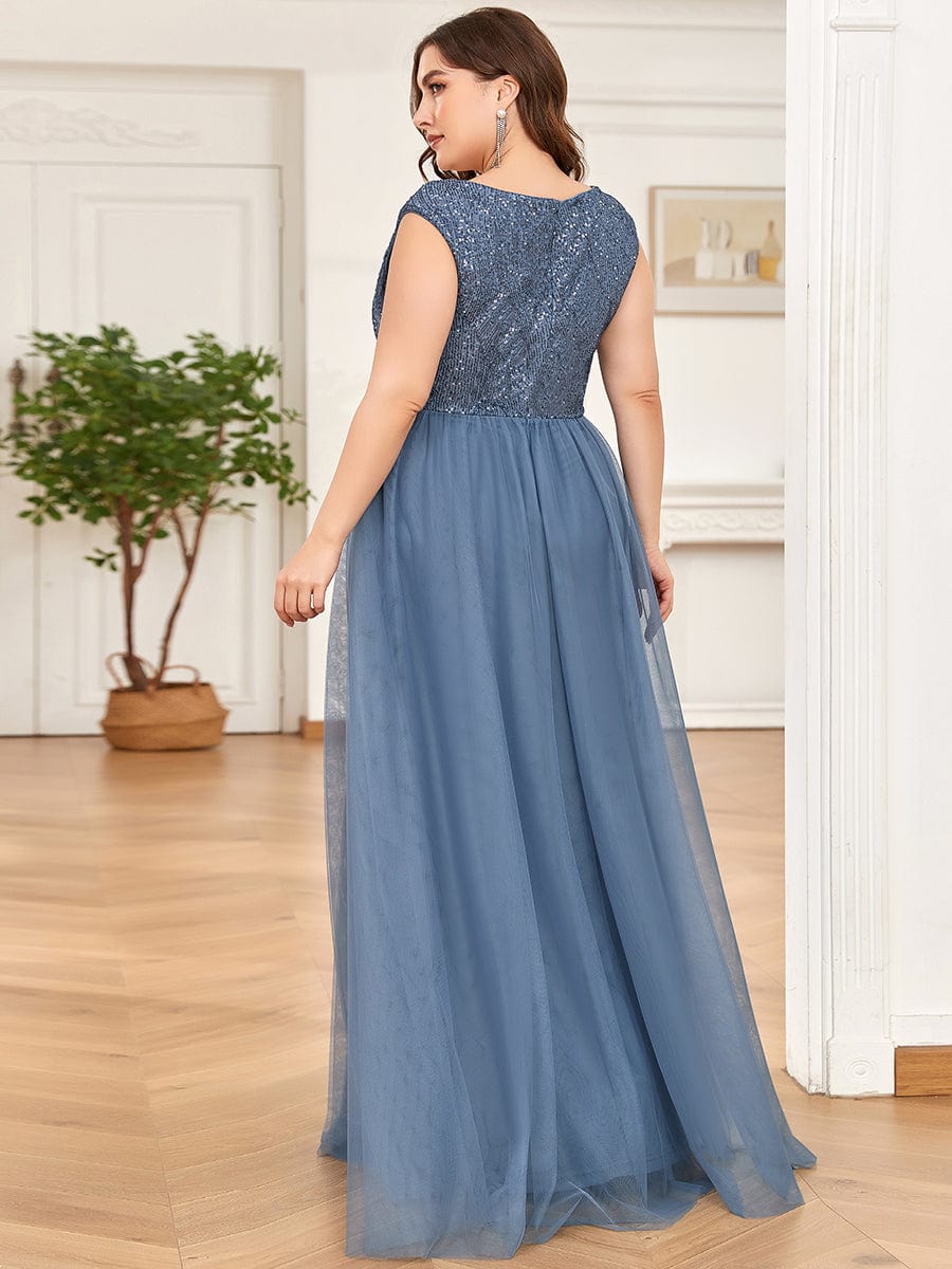 Sleeveless Sequin V-Neck Pleated Long Evening Dress #color_Dusty Blue