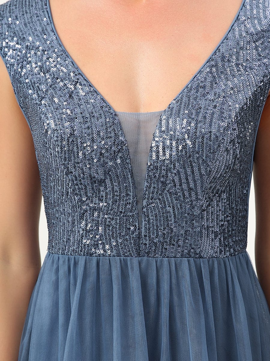 Sleeveless Sequin V-Neck Pleated Long Evening Dress #color_Dusty Blue