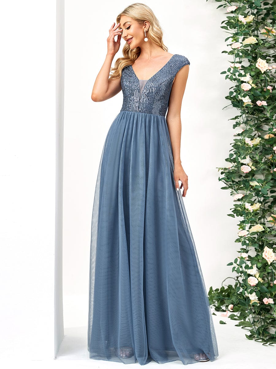 Sleeveless Sequin V-Neck Pleated Long Evening Dress #color_Dusty Blue