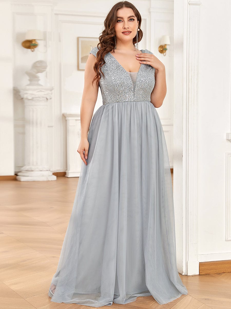 Sleeveless Sequin V-Neck Pleated Long Evening Dress #color_Grey