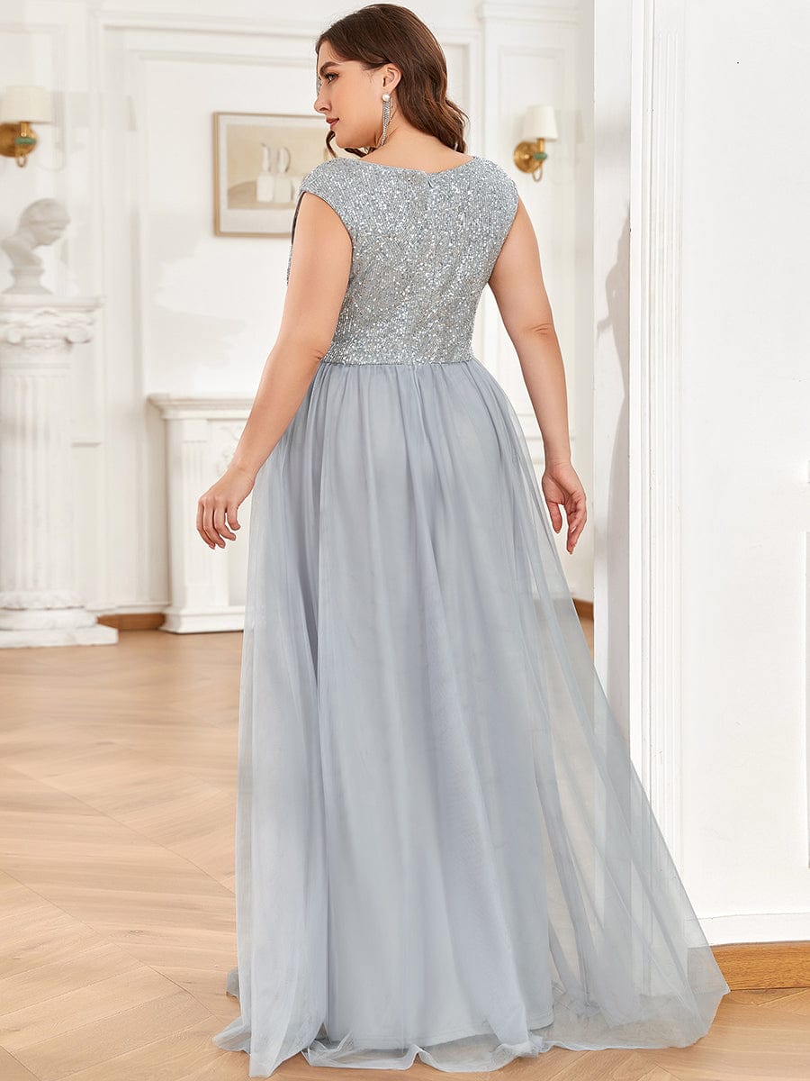 Sleeveless Sequin V-Neck Pleated Long Evening Dress #color_Grey