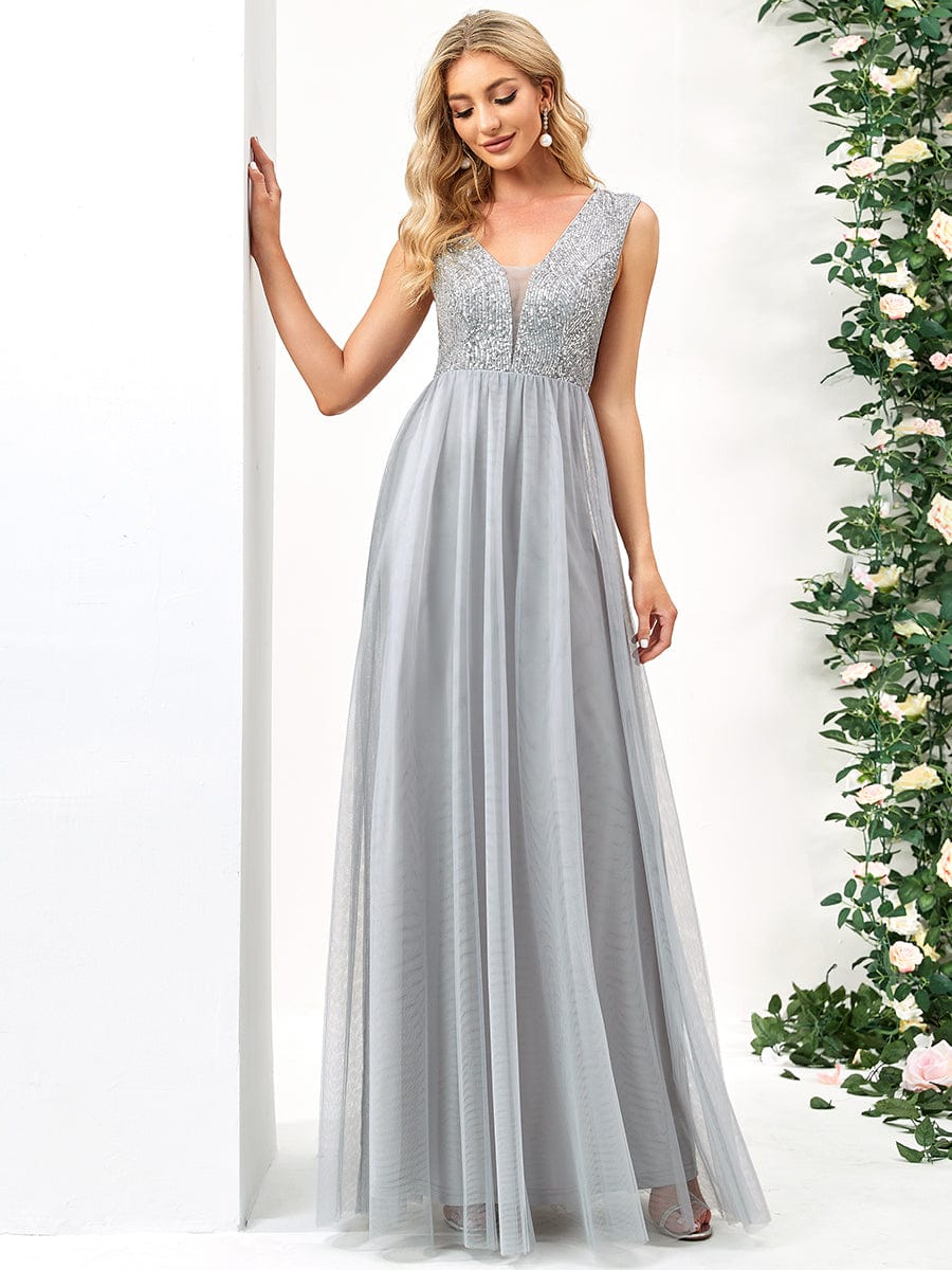 Sleeveless Sequin V-Neck Pleated Long Evening Dress #color_Grey