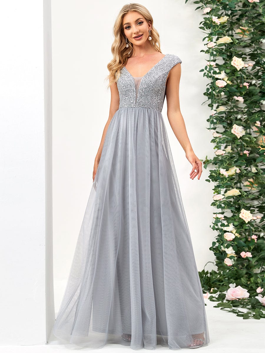 Sleeveless Sequin V-Neck Pleated Long Evening Dress #color_Grey