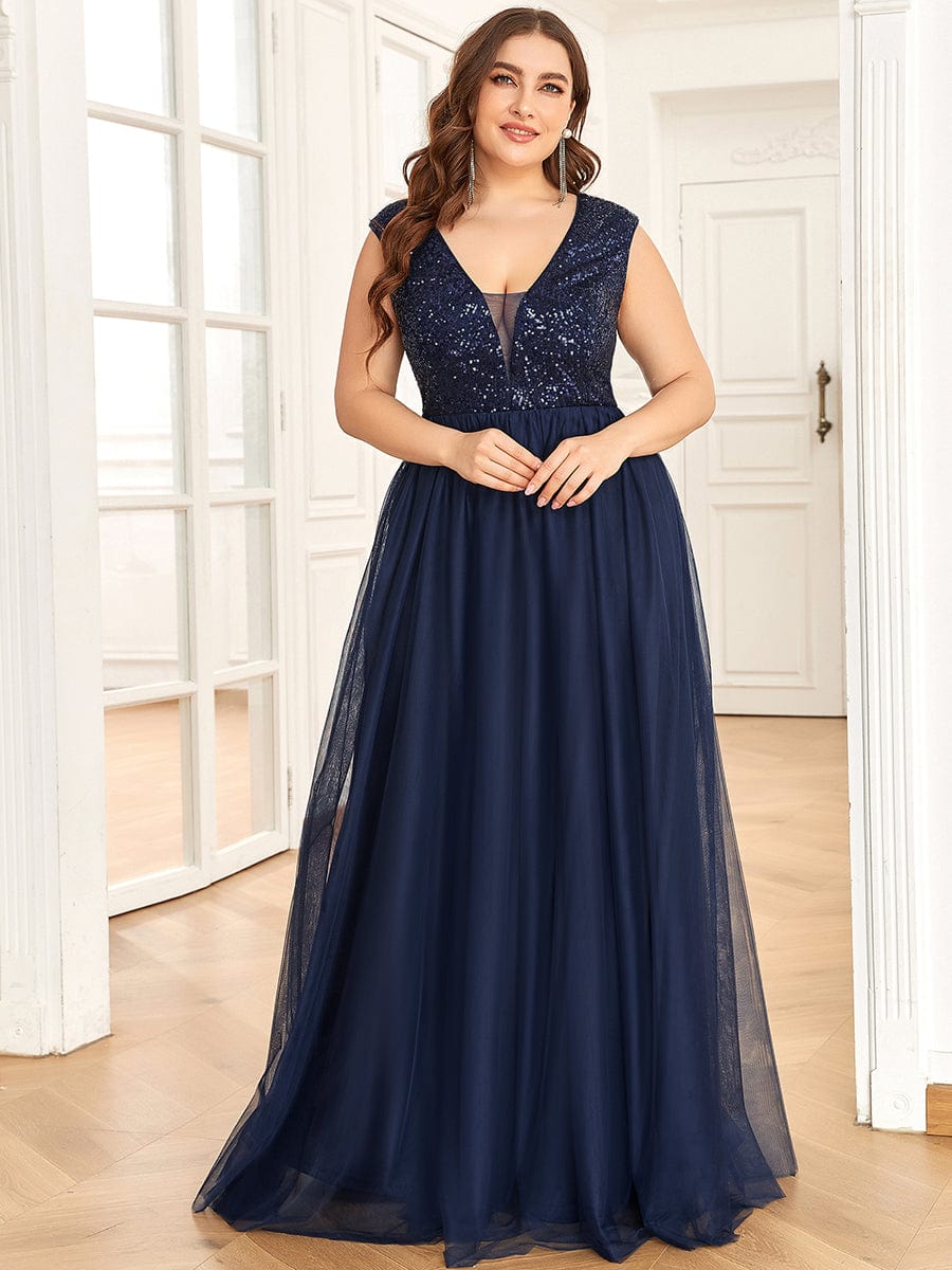 Sleeveless Sequin V-Neck Pleated Long Evening Dress #color_Navy Blue