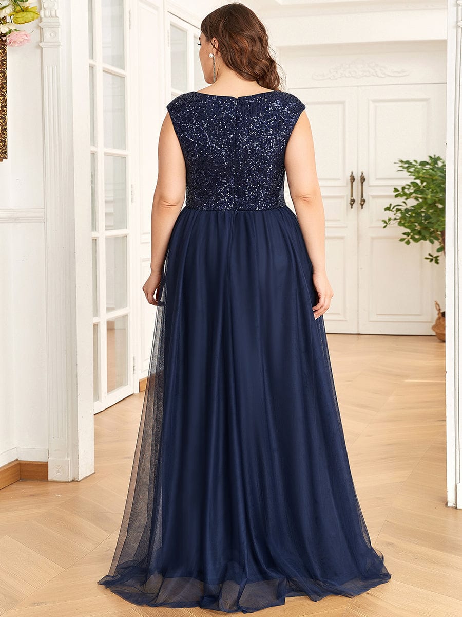 Sleeveless Sequin V-Neck Pleated Long Evening Dress #color_Navy Blue