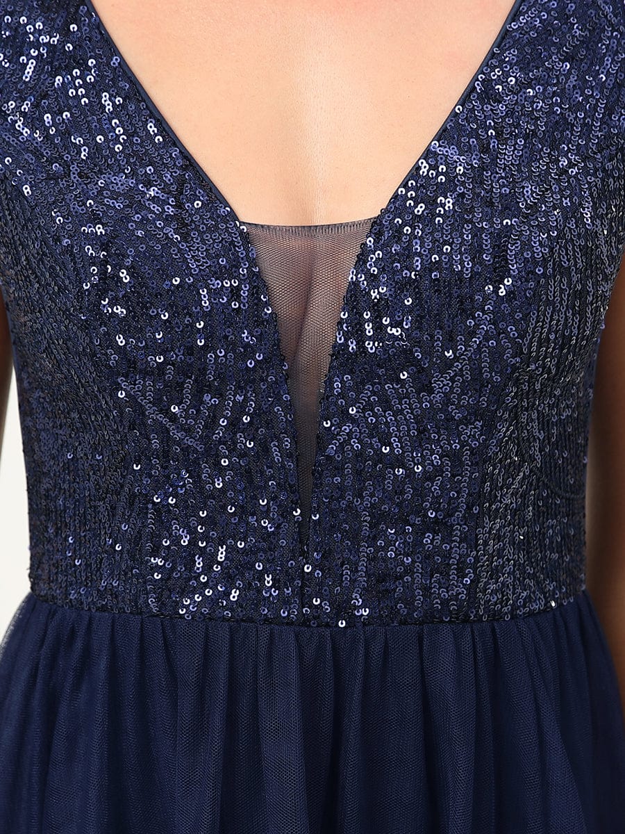 Sleeveless Sequin V-Neck Pleated Long Evening Dress #color_Navy Blue